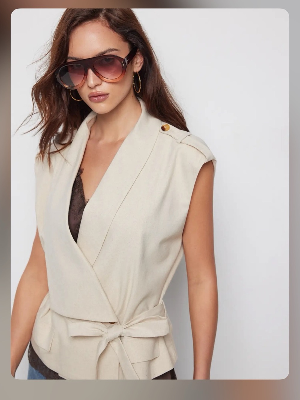 Cider LINEN-BLEND V-NECK WRAP BELTED OVERSIZED BLAZER VEST L WC9-6 - Picture 4 of 8